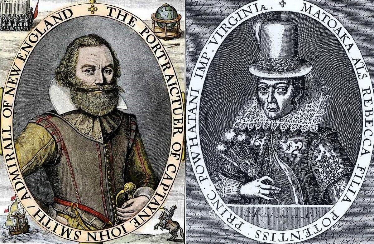 Капитан Джон Смит, с его карты Новой Англии, 1614                                                                     Гравюра Симона ван де Пасса. Покахонтас, 1616.                                                                            