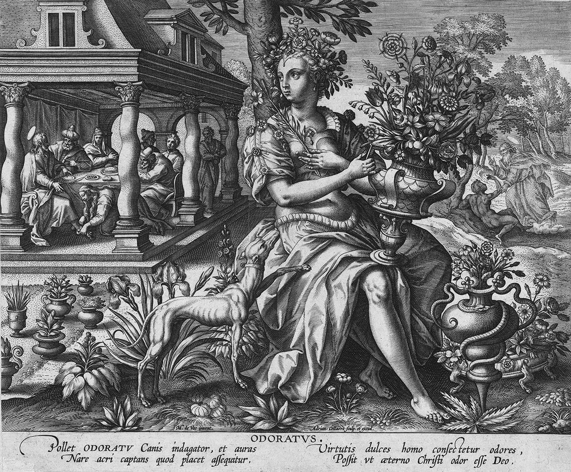 Пять чувств, и главное среди них — обоняние. Сборник иллюстраций к Библии Жана Меса, лист 9. Гравюра Адриана Колларта по Мартину де Восу, XVII век © НЛО