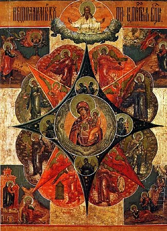 Один из вариантов иконы "Неопалимая купина". Обратите внимание на обрамление-ромбы вокруг центральных фигур.