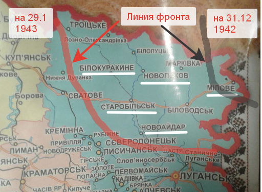 Смещение линии фронта от чёрной черте к красной,в течение января 1943 года,рис. Автора