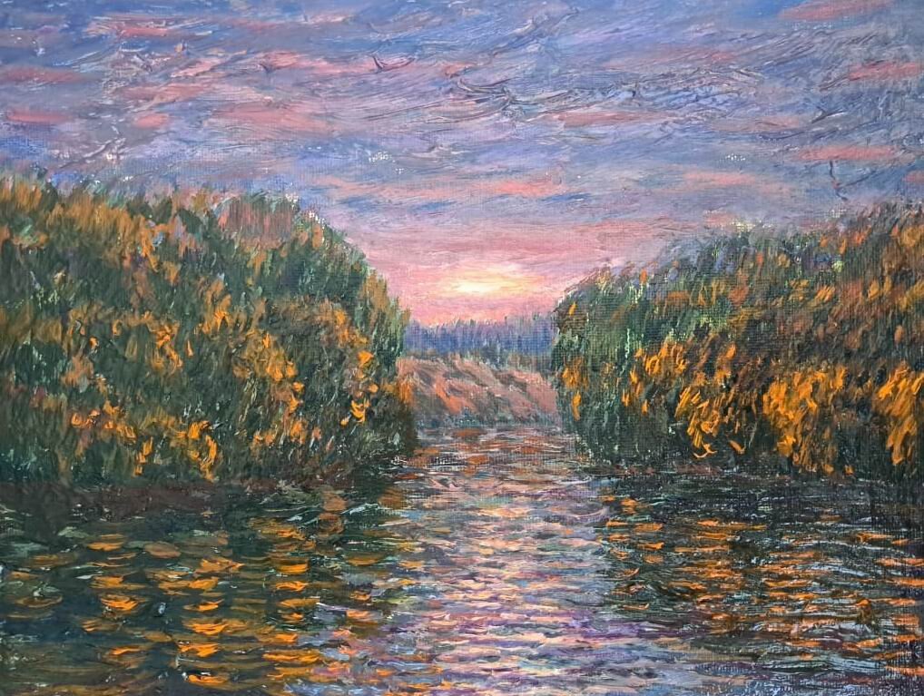 "Закат над рекой"                                                                                                                                        холст.масло           25х32                                                                                                                              в раме, цена        9000р.