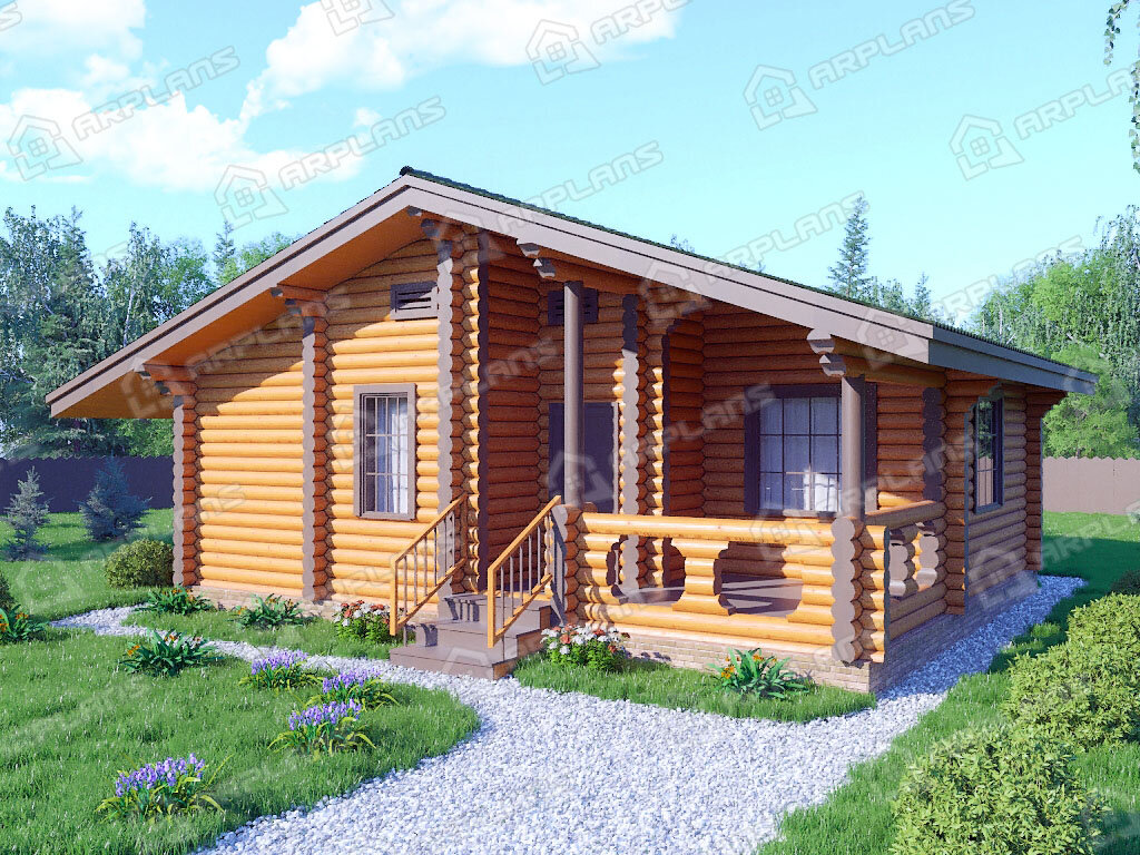 Фото 1 одноэтажной бани из бревна с комнатой отдыха и террасой. Общая площадь 64 кв м. Источник arplans.ru Проект Б-015