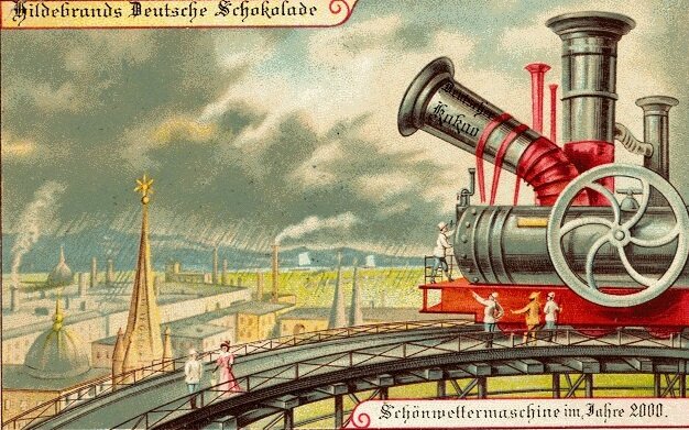 Серия открыток "Германия в XXI веке". На картинке представлен "тучеразгонитель на паровой тяге".