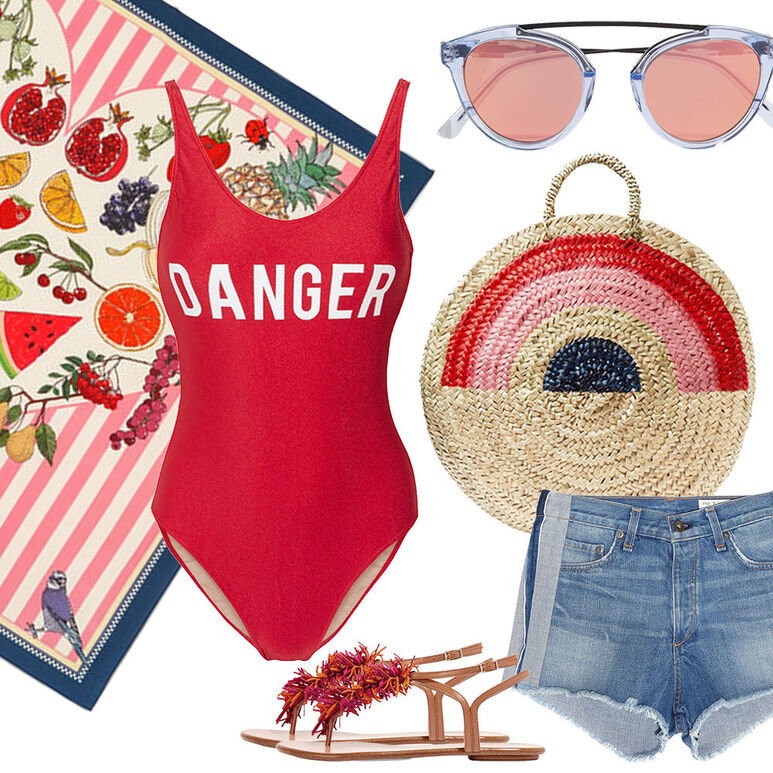 Купальник Adriana Degreas, платок Silken Favours, очки Westward Leaning & Olivia Palermo, сумка Vanessa Seward, шорты Rag&Bone, босоножки Aquazzura