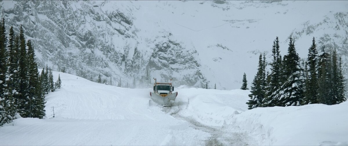 кадра из фильма 2019 года "Снегоуборщик"