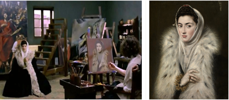 1. Сцена написания портрета с меховой накидкой в фильме.
2. Дама в меховой накидке. Приписывается кисти Эль Греко