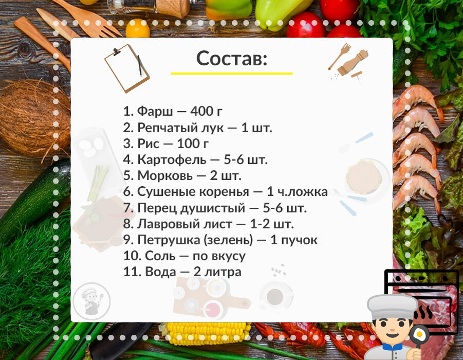 Состав картофельного супа с фрикадельками в мультиварке