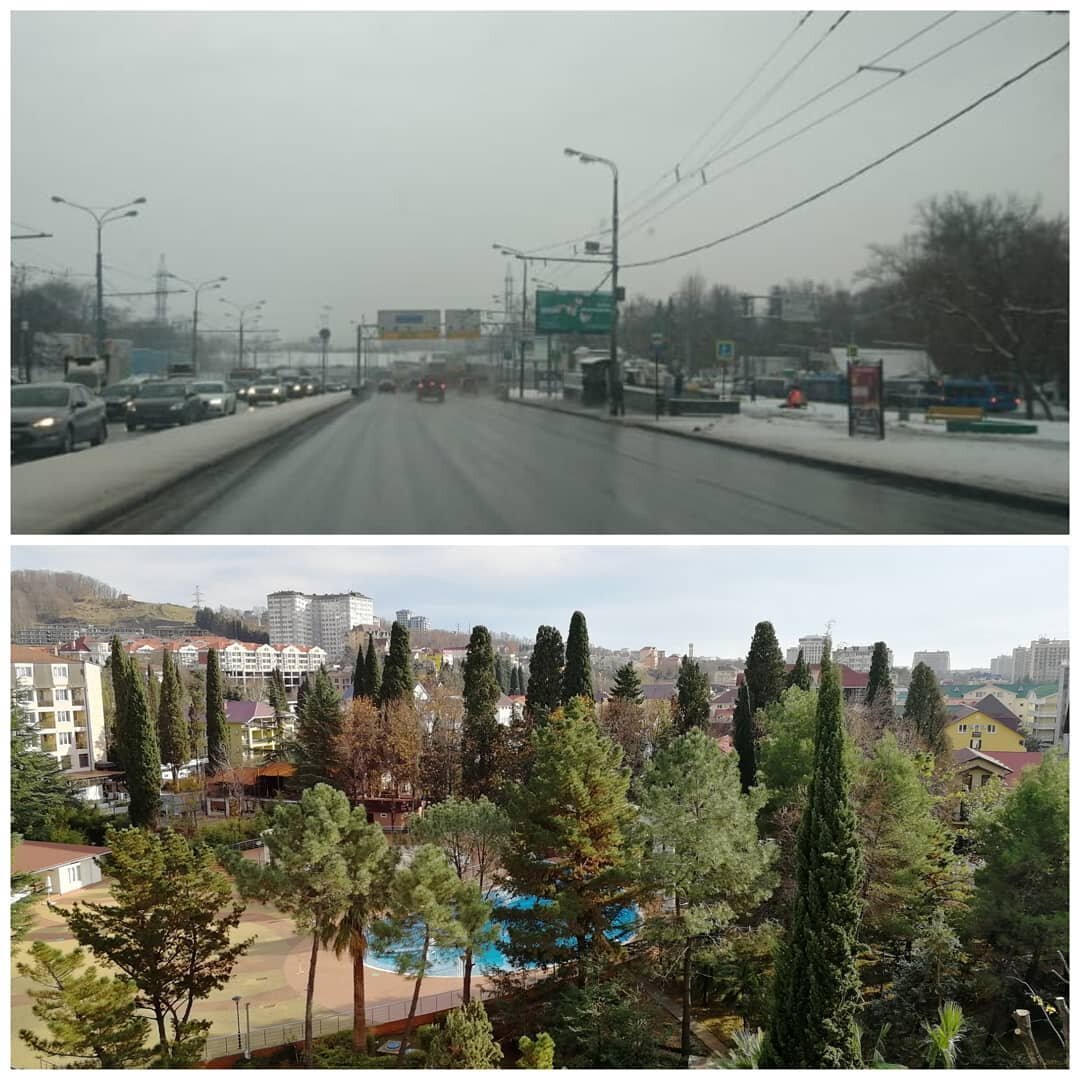 Зима в Москве и в Сочи.
