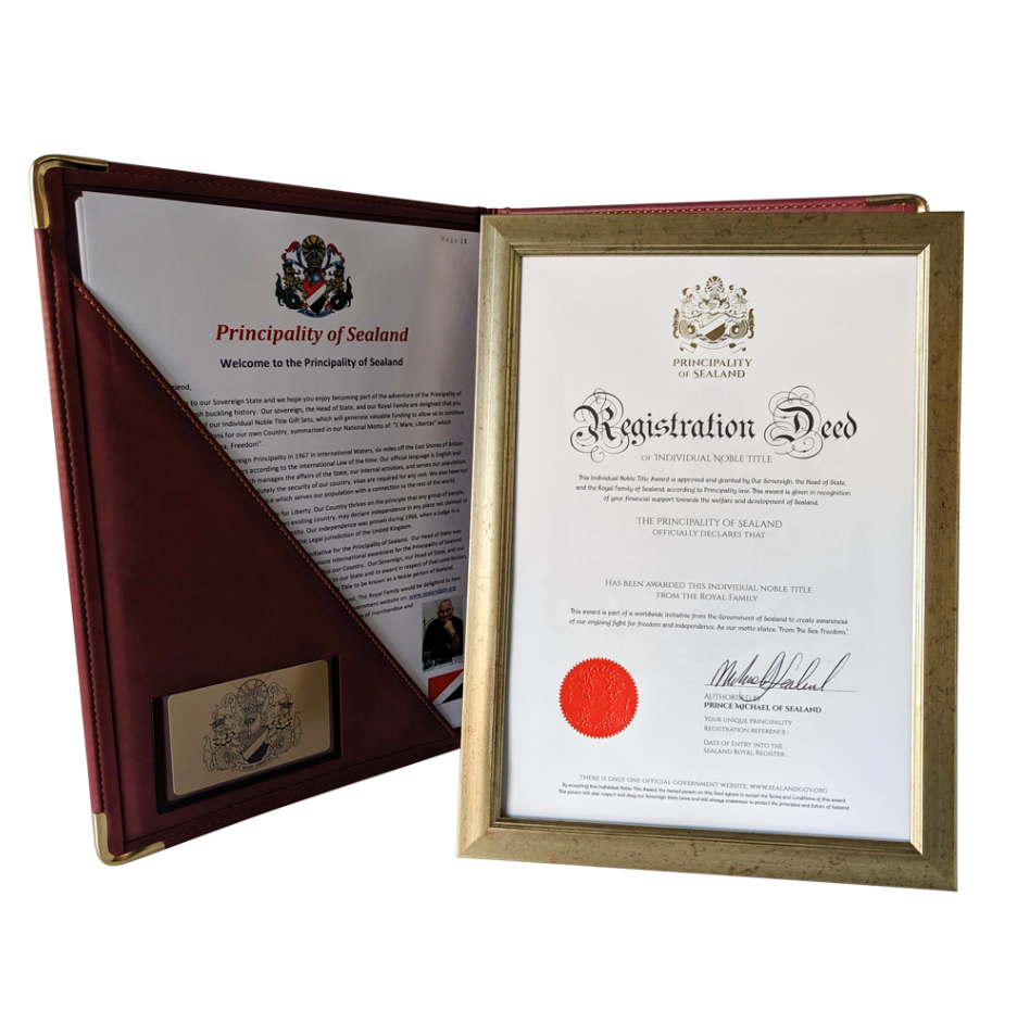 Документ, подтверждающий владение титулом герцога/герцогини княжества Силенд. Цена - 734 доллара 99 центов. (по текущему курсу - 45 тысяч 500 рублей). Картинка взята: https://www.sealandgov.org/shop/become-a-duke-or-duchess/