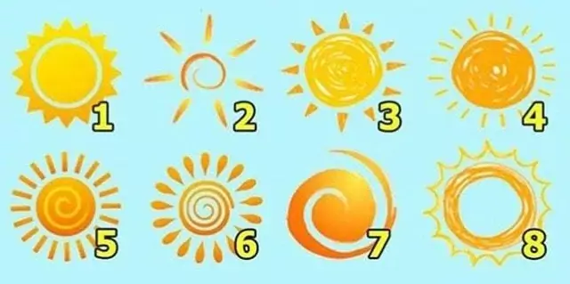 Делайте выбор сознательно. С помощью этого теста вы можете узнать о себе немного больше. Перед вами несложный психологический тест. Расслабьтесь, откиньтесь на спинку кресла или дивана и пройдите его. Поверьте, он может рассказать вам немного больше о вашей жизни.

Всё, что требуется, выбрать одно солнце на этой картинке. Готовы? Тогда начинаем!
