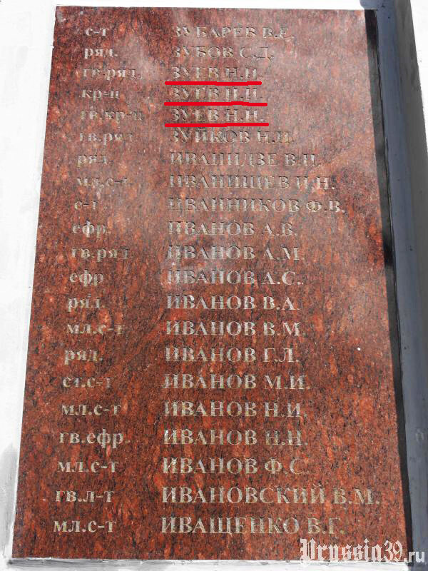 Мемориальная доска с фамилиями павших воинов (на буквы З и И). Нестеров, июнь 2014