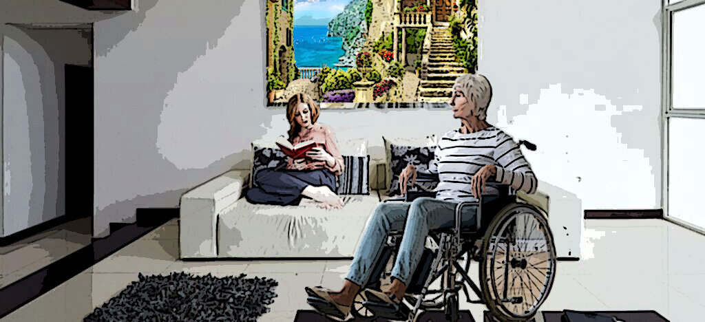 Дочь читает книгу маме. Иллюстрация