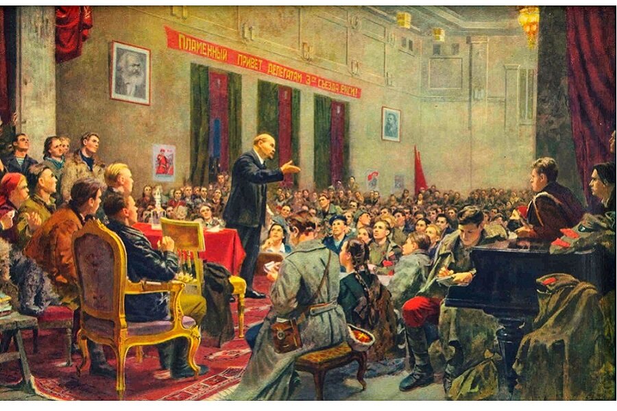 Ленин на 3-ем съезде комсомола 2.10.1920. Худ. Б. В. Иогансон с группой молодых худ.