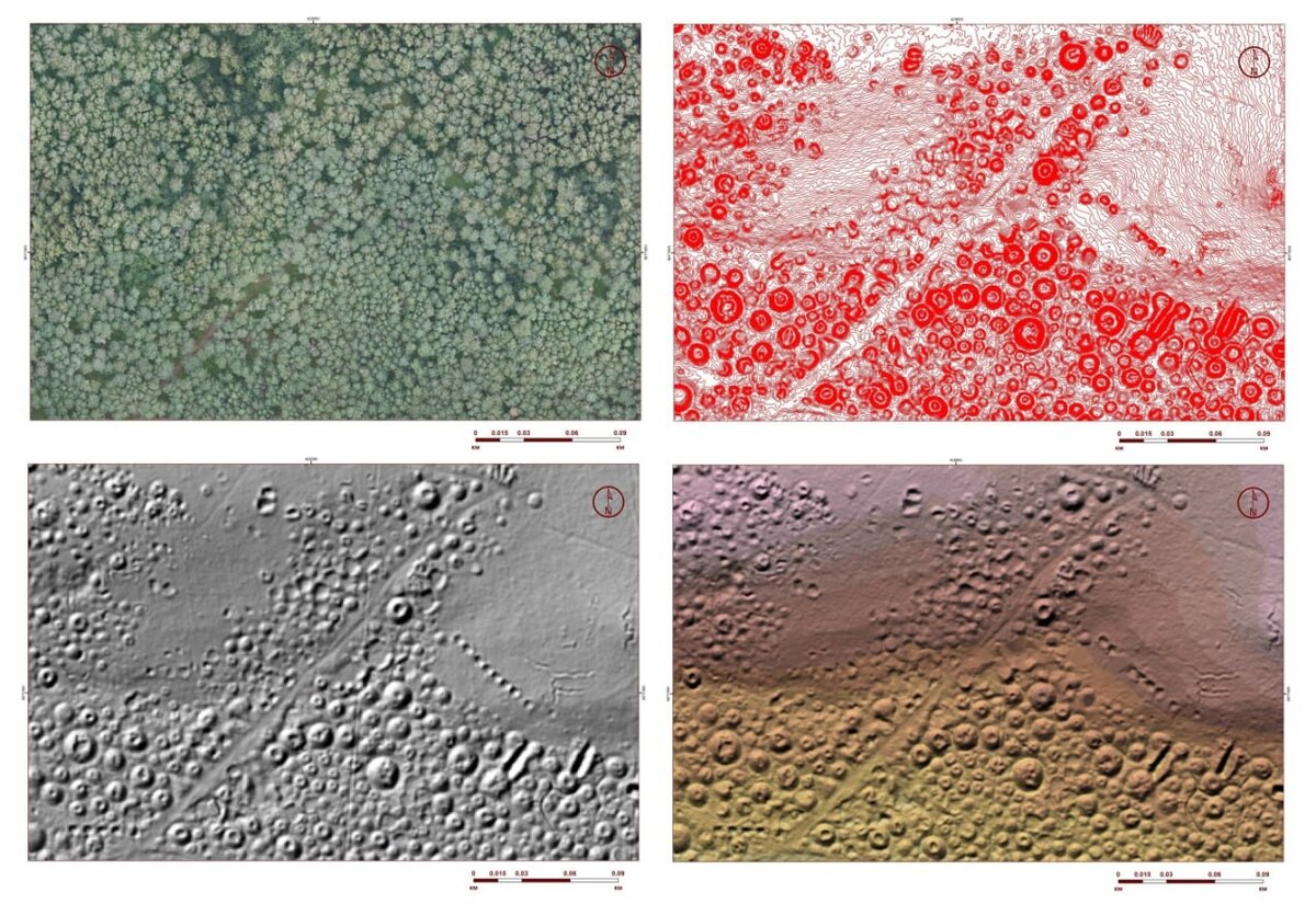 Вид с воздуха на Лесную группу курганов Гнёздова и грунтовую дорогу – до LiDAR-съемки (1) и после (2-4)