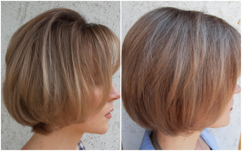 Слева использовала восстанавливающий шампунь, справа шампунь & кондиционер для придания объема, OK BEAUTY