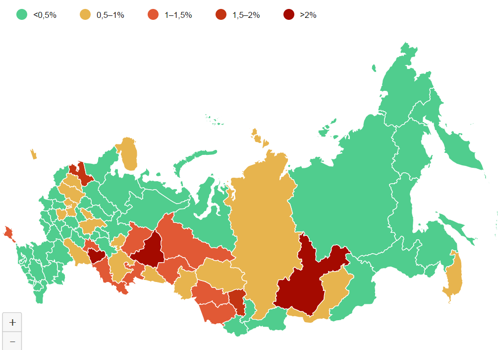 Доля ВИЧ-инфицированных в регионах России (картинка из поиска за 2017 год)
