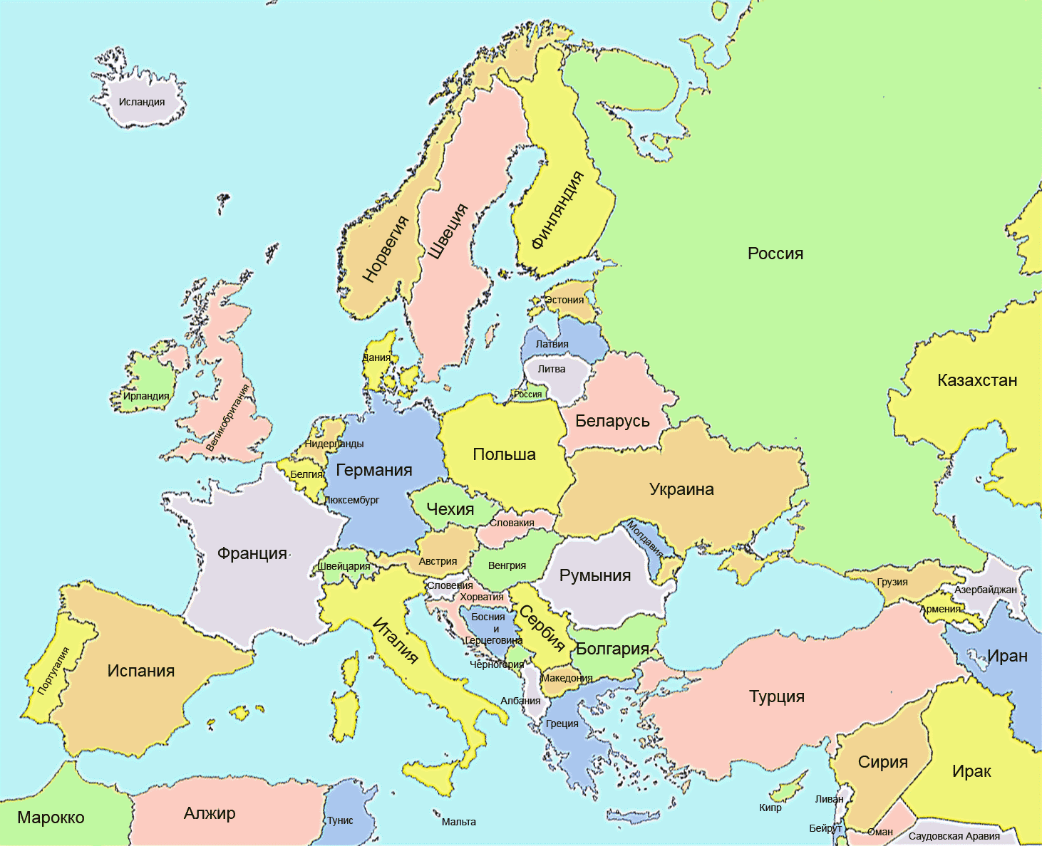Карта Европы со странами крупно на русском со столицами