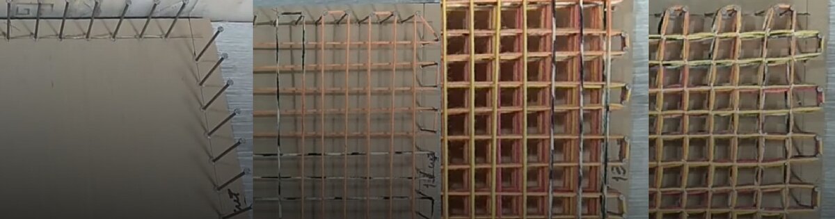 Пряжа наматывается в определенном порядке, создается нужное количество слоев. Самый долгий процесс - закрепление посредством связывания нитками крестовин из пряжи.