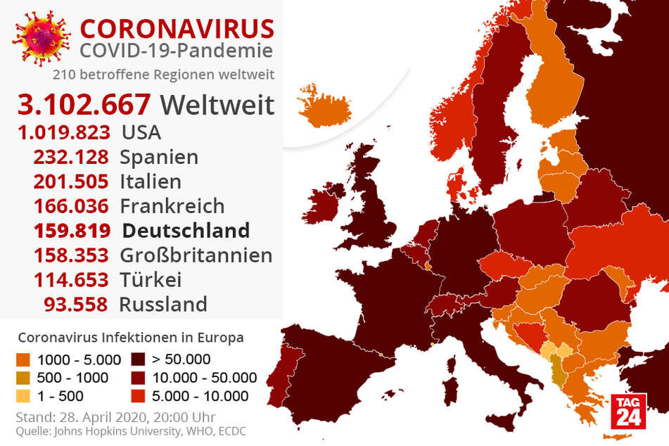 COVID-19. Пандемия. Во всем мире, США, Испании, Италии, Франции, Германии, Великобритании, Турции, России.                                                                                                     Источник: Университет Джонса Хопкинса, 28.04.20, 20:00).