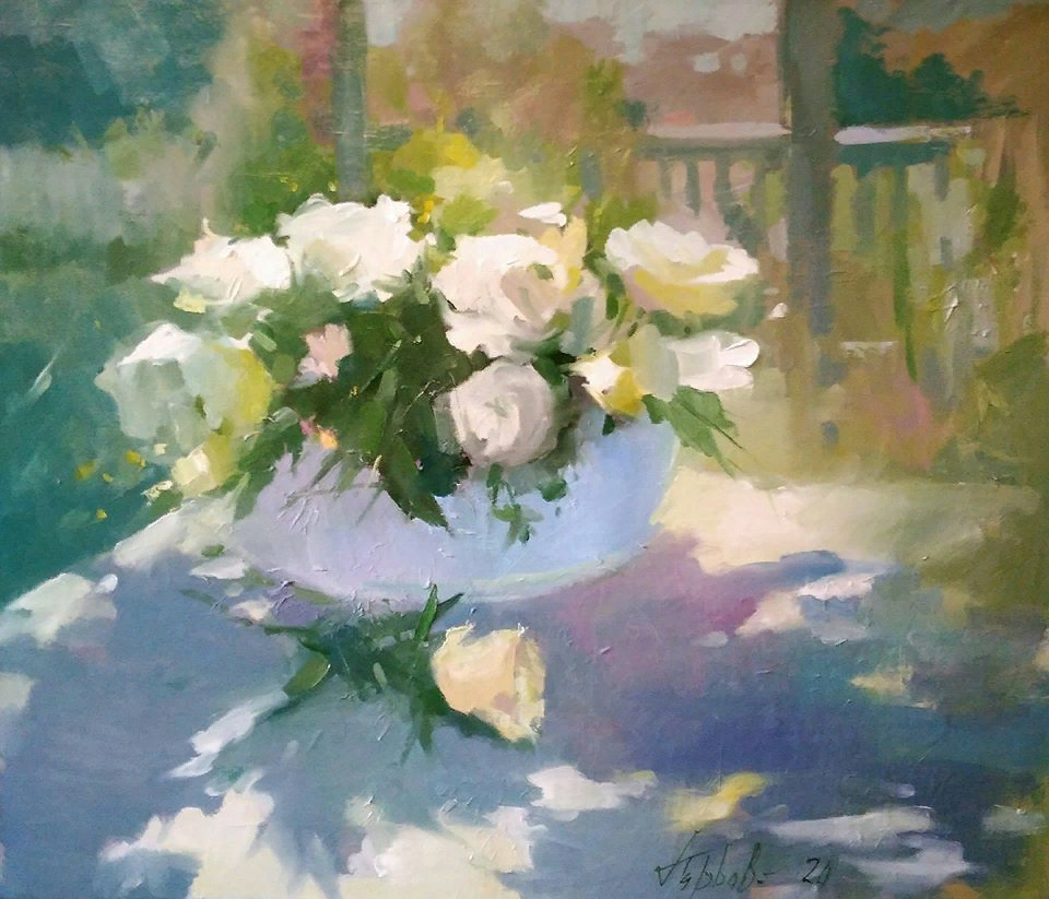Розы на террасе. Холст на подрамнике,масло,60х70 2020г.