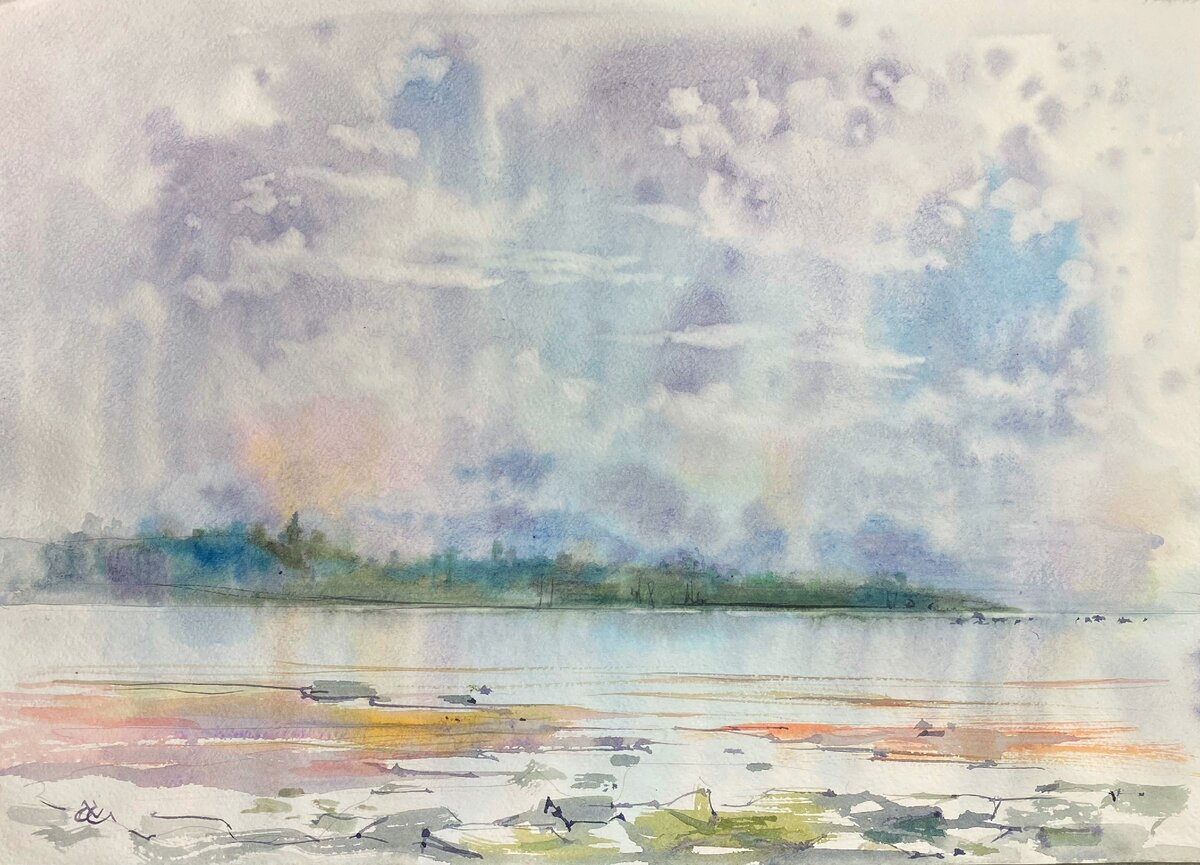 "Небеса обетованные". Акварель. Грануляция на небе,  в воде её нет. Акварель.А3.