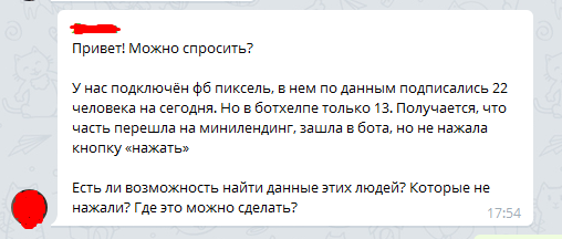 По данным фб пикселя подписались 22 человека, а в ботхелпе только 13