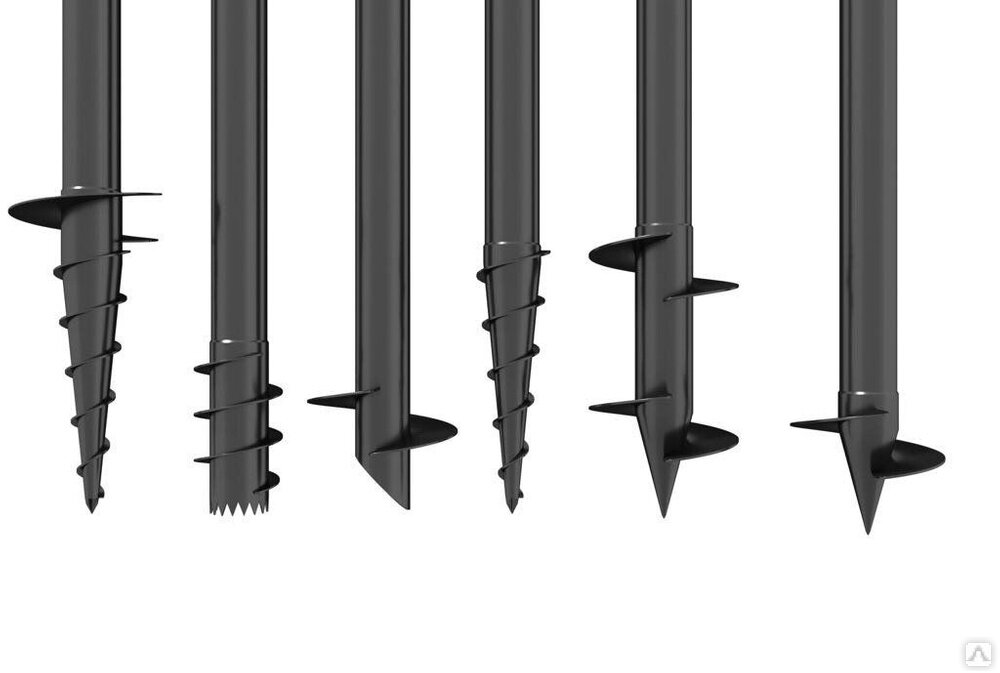 Слева на право: гибрид лопастной и саморезной сваи - по сути та же широколопастная свая, свая для многолетнемерзлых грунтов, широколопастная свая с открытым концом, саморезная свая, свая с дополнительной лопастью и классическая широколопастная свая.