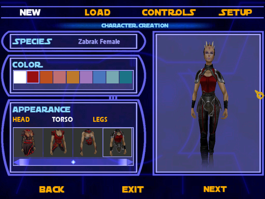 Простейший редактор персонажа. Выбрать можно расу, пол, одежду и её цвет. Забраки - люди с рожками, почему-то самые симпатичные. 