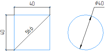 Вот пример, квадрат с одинаковыми сторонами по 40 мм, имеет диагональ 56,6 мм.