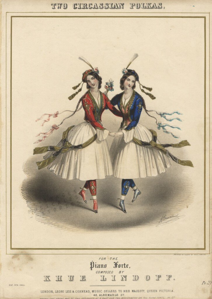 Черкесские красавицы танцуют польку. Circassian Beauties Dancing the Polka. ‘Two Circassian Polkas‘ composed by Khue Lindoff, published by Leoni Lee & Coxhead (London, s.d.), illustrated by John Brandard