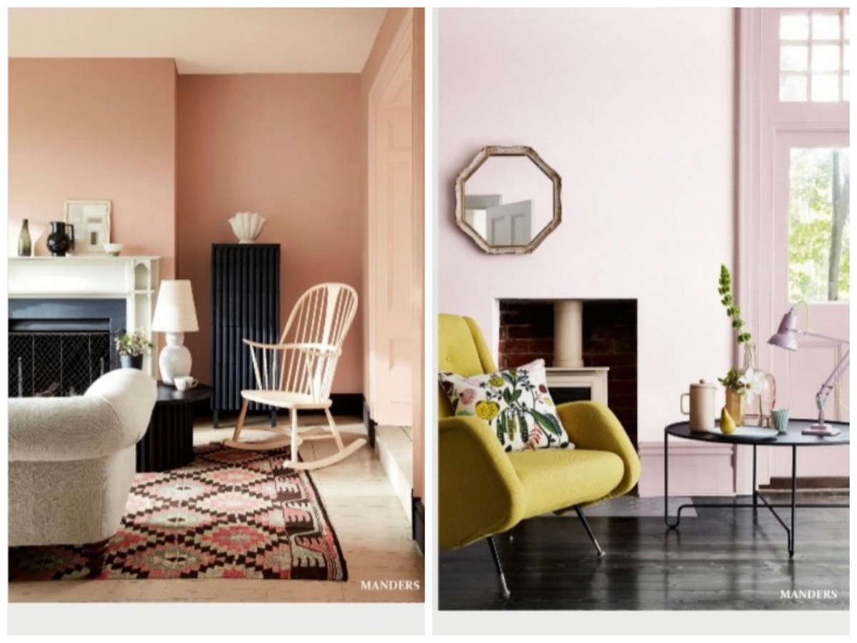 Слева: разбавленная пастельная терракота в сочетании с темно-синим. Справа: лиловое + цвет лайма или горчичный -не холодный и не теплый. 