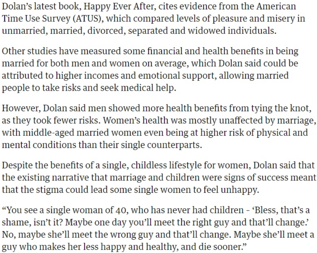 Вторая часть статьи https://www.theguardian.com/lifeandstyle/2019/may/25/women-happier-without-children-or-a-spouse-happiness-expert