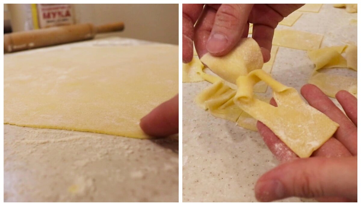 Толщина теста и лоскут с прорезью. Я поделил тесто на 3 части, так что раскатанный лист на фото - это одна треть. Всё тесто раскатываю в три подхода