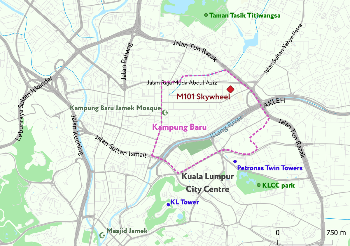 Строящийся небоскрёб M101 Skywheel расположен к северу от делового центра Куала-Лумпура, в районе Kampung Bara.