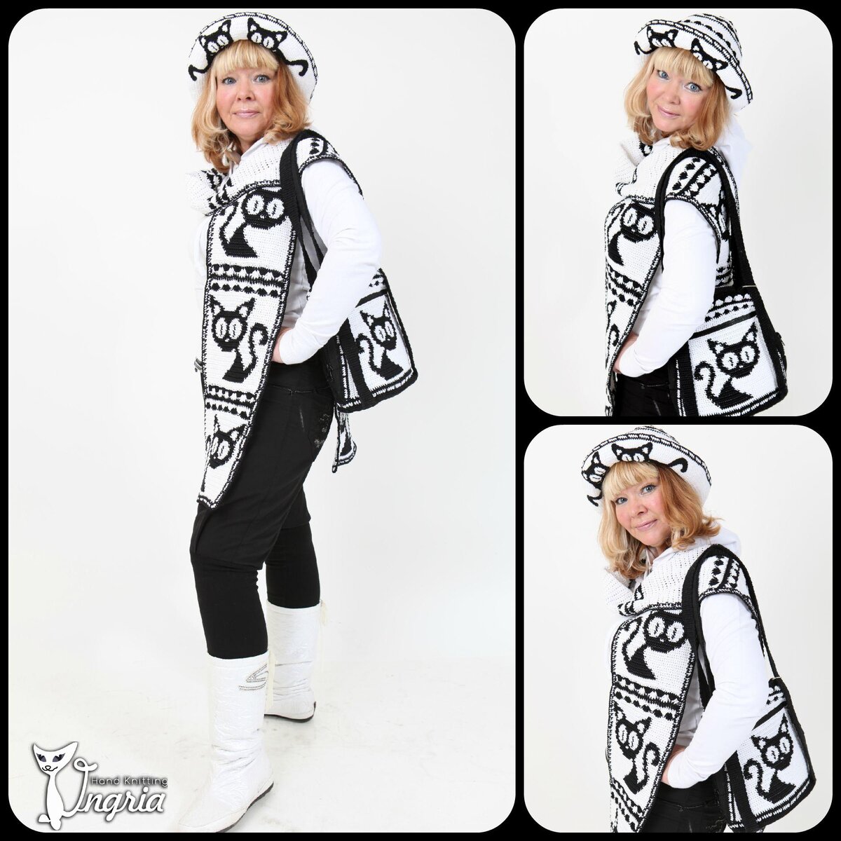 Комплект аксессуаров для женщин. Сумка, шляпа и шарф с котами.