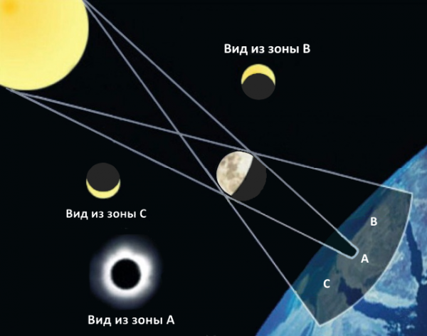 Схема солнечного затмения. С  территории, оказавшейся в лунной тени (А), видно полное  солнечное затмение (Солнце полностью закрыто Луной), а на территориях;  покрытых лунной полутенью (В и С), происходит частное  солнечное затмение (солнечный диск заслонён Луной не полностью) из-за  близости Луны к Земле из южной зоны (С) полутени видна закрытой северная  (верхняя) часть солнечного диска, а из северной зоны (В) — южная  (нижняя) его часть. Таким образом, из разных мест земной поверхности  Луна видна в несколько различающихся направлениях, и такое кажущееся  смещение называется эффектом параллакса (от греческого «параллаксис» —  уклонение). У Луны параллактическое смещение может достигать 1°. Степень  покрытия Солнца Луной называется фазой солнечного затмения и измеряется  отношением закрытой части диаметра солнечного диска ко всему его  диаметру.  