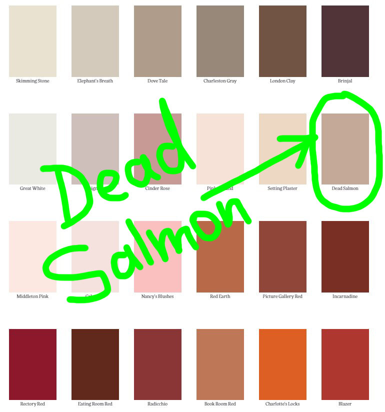 Часть каталога красок Farrow & Ball с популярным цветом "мёртвый лосось".