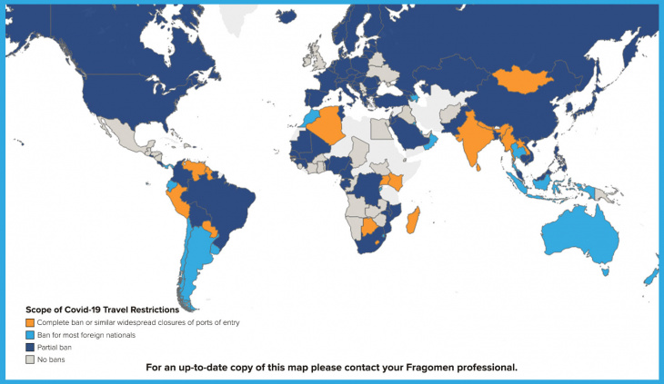 Ограничение путешествий. Жёлтый: полный запрет на въезд. Голубой: Запрет на въезд большинства иностранцев. Синий: Частичный запрет. Серый: Никакого запрета (Швеция, Беларусь, Украина, например). 