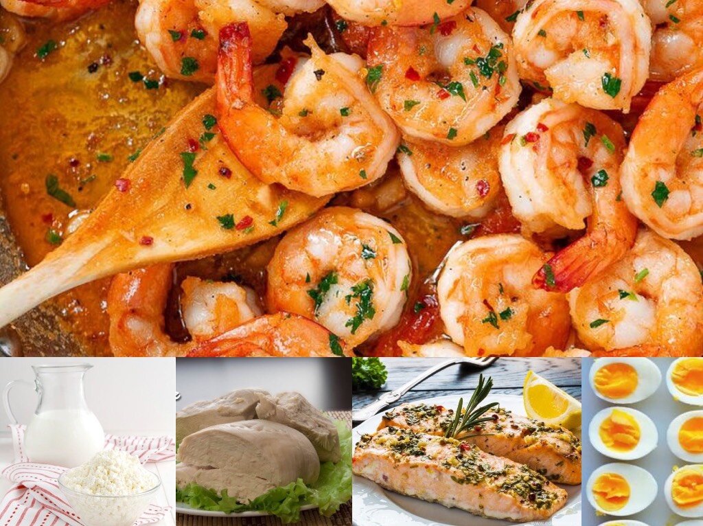 Продукты богатые белком: морепродукты, творог и молоко, белое мясо и рыба, яичный белок. Яичный желток относится к жирам.