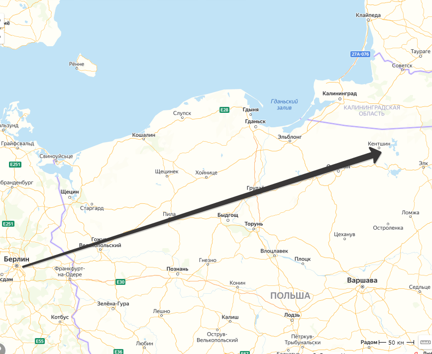 Переезд Гитлера из Берлина на КП в Растенбурге во второй половине дня 21 июня 1941 года. Создано на основе Яндекс-Карт