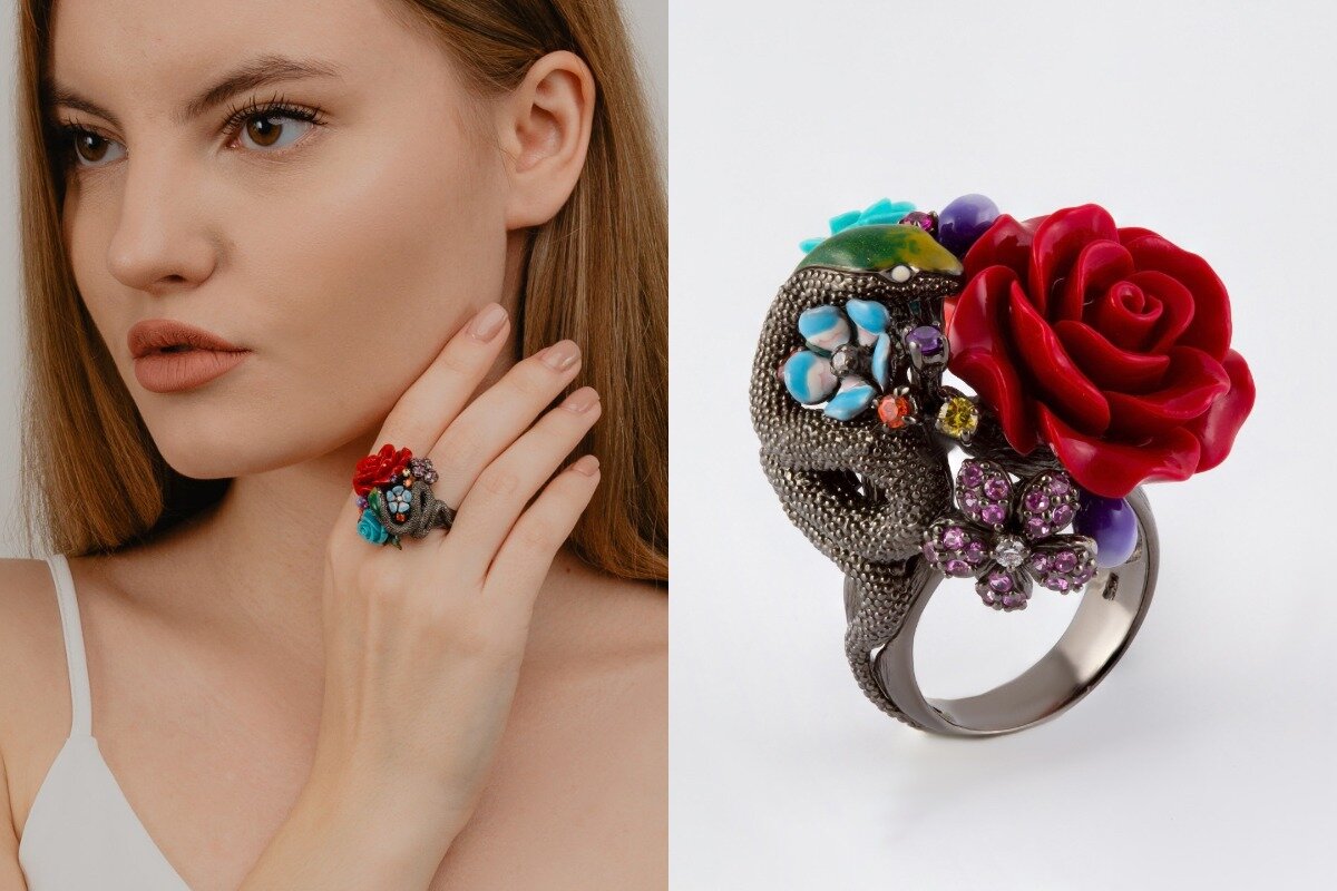 Серебряное кольцо с бирюзой, кораллами и эмалью 000-167615 