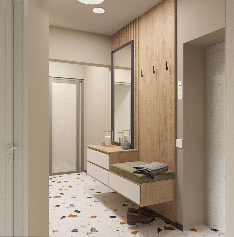 Интерьер прихожей с плиткой тераццо, дизайнер Ольга Береза