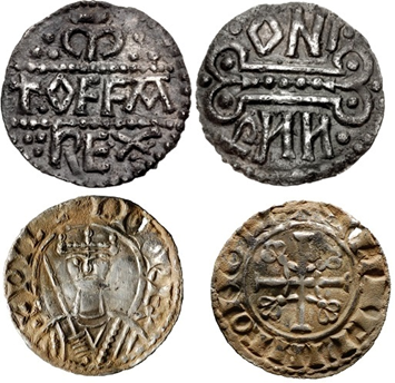 Рис.1. Аверс и реверс пенни короля Оффа (верхний ряд) и аверс и реверс стерлинга Вильгельма Завоевателя (нижний ряд)