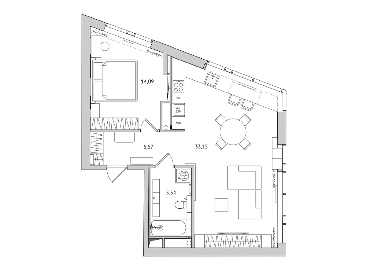 В спальне в нише между коробом и пилоном поставили телевизор и тумбу. На кухне сделали столешницу вдоль окна, добавили место для работы и завтраков. В гостиной Поставили диван так, чтобы сидящим было удобно и смотреть телевизор, и общаться с теми, кто на кухне. Телевизор повесили прямо на фальш-фасад шкафа, чтобы не терять места для хранения одежды. Стиральную и сушильную машины убрали в пенал в ванной, чтобы дизайн санузла был цельным.
