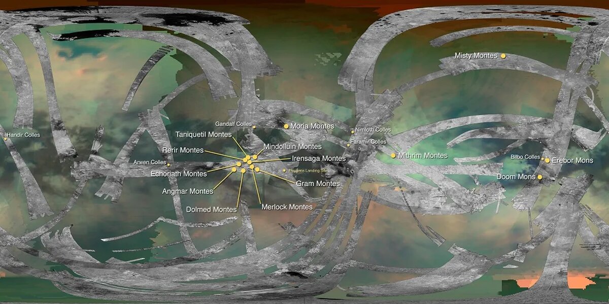 Карта Титана с горами и холмами, получившими названия из легендариума Толкина (www.sci.news).
