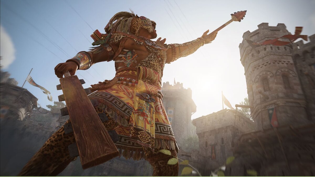 Скриншот из игры For Honor с персонажем Оцелотль, вооруженным ацтекским оружием-макуауитлем 