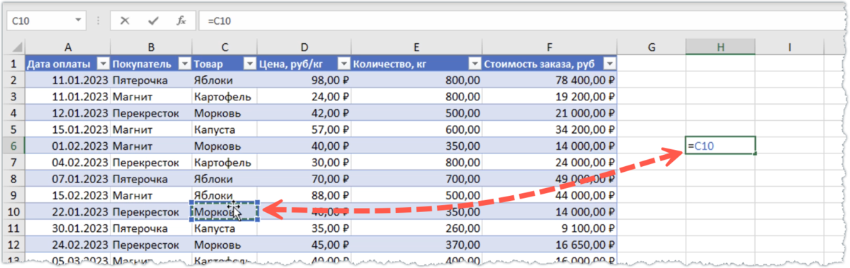 Ссылка на значение в умной таблице