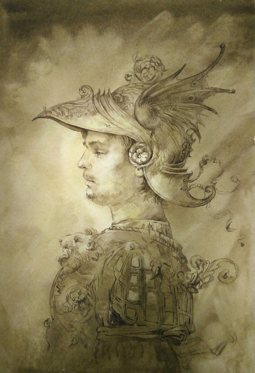 Портрет Марата в доспехах воина да Винчи, бумага, акварель