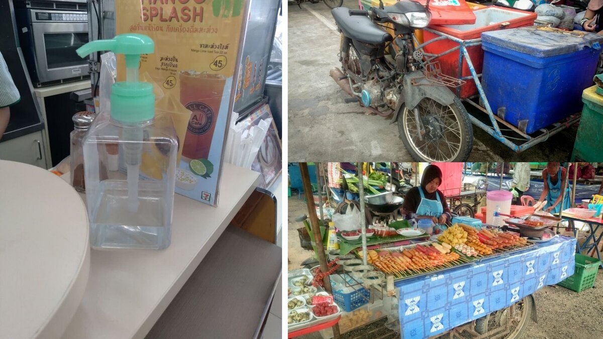 Никакой уличной торговли нет (как справа, в 2017), зато некоторые кафе открыты, с санитайзерами на прилавках.