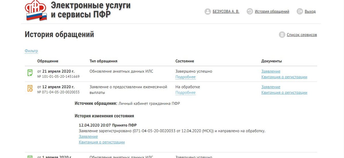 Скриншот с сайта pfrf.ru